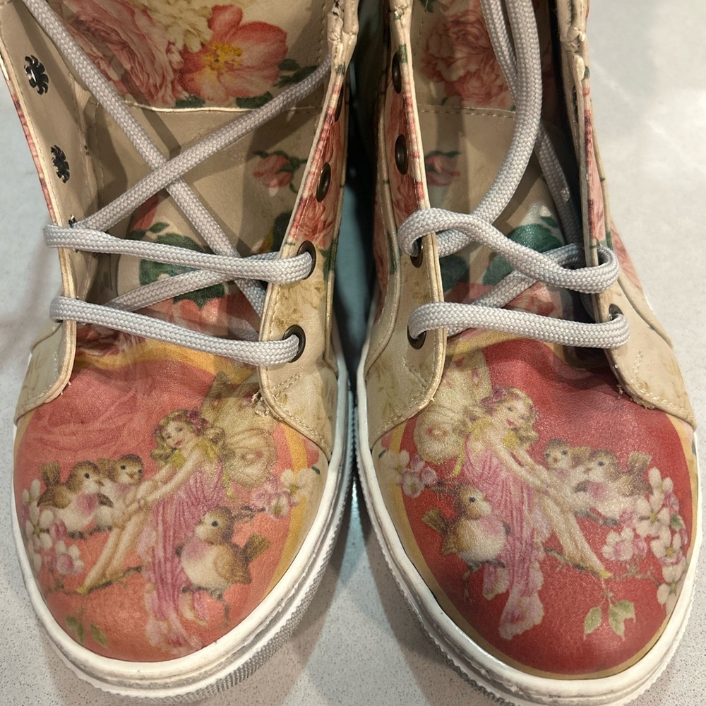 Women's Cream Floral High-Top Sneakers with Pink Rose Print - Picture 2 of 9